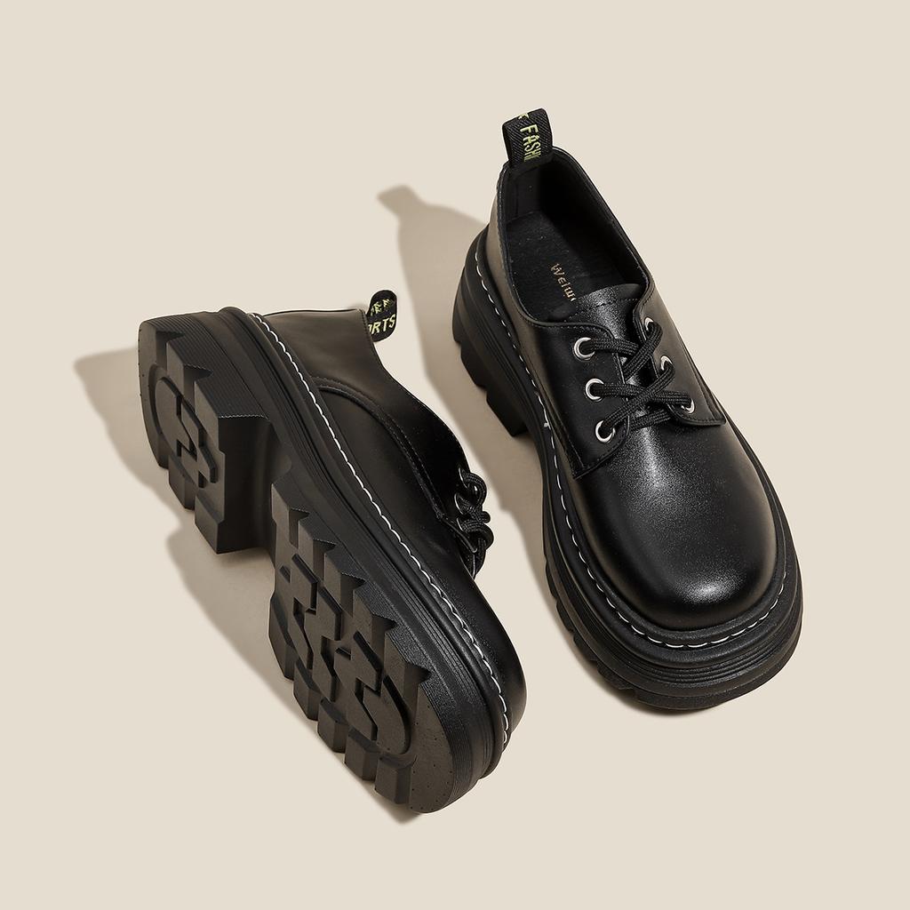 Round Head Women's Platform Small Leather Shoes, Lace-up Thick Heel Height-increasing Single Shoes