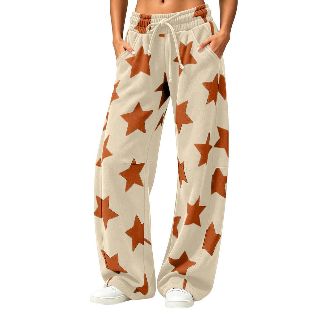 Women's Casual Loose Fit Star Print Curved Wide Leg Pants for Everyday Wear
