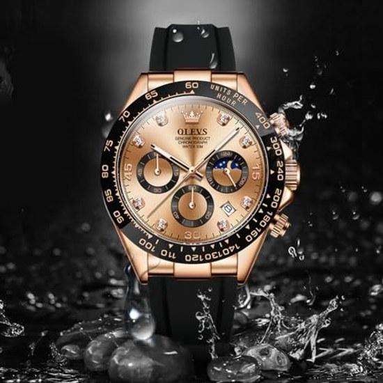 OLEVS Mens Watch Quartz Analog Waterproof Date Wristwatch Black Silicone Belt Stopwatch Large Dial Rose Gold