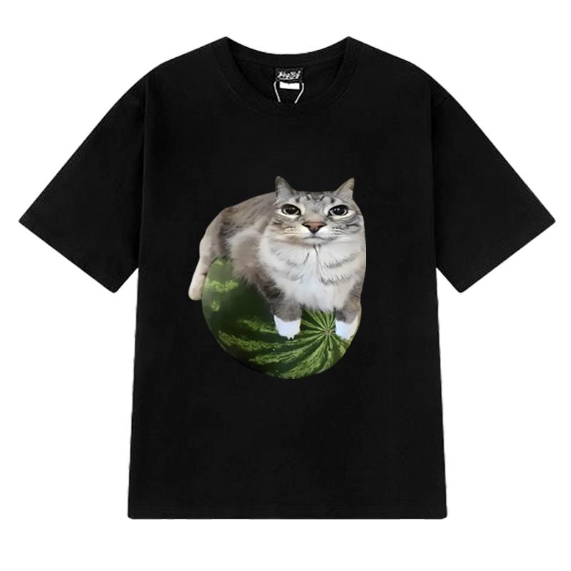 Funny Watermelon Cat Silly Cat Meme Printed T Shirt 2025 New Men Women Oversized Short Sleeve T-shirts Unisex 100% Cotton Tops