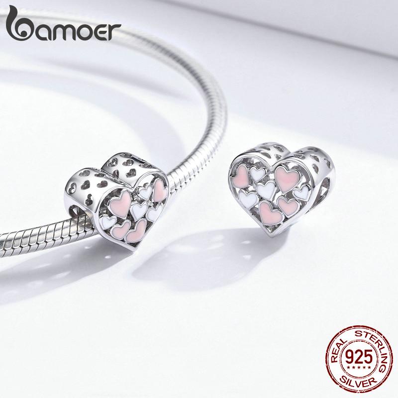 BAMOER 925 Sterling Silver Full Of Love Heart Beads Pink & White Charm Fit Original Bracelet