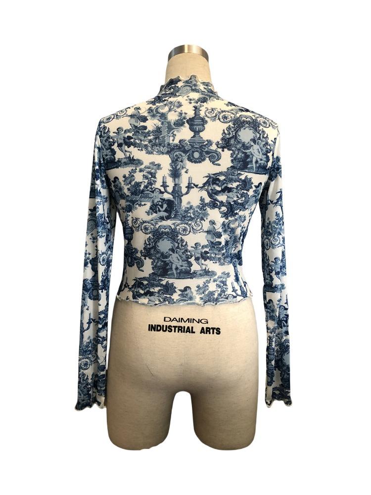 Spring and Summer Women's Transparent Blue Printed Long-sleeved Small Stand-up Collar Mesh Short T-shirt Versatile Closet Essential Fashion Shirt