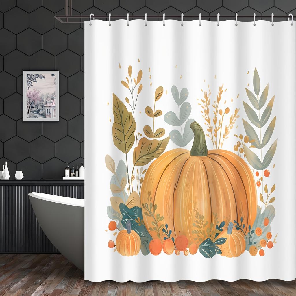 Autumn Watercolor Pumpkin & Leaf Shower Curtain - Cartoon Thanksgiving Design, 12 Hooks Included, Fall Bathroom Decor