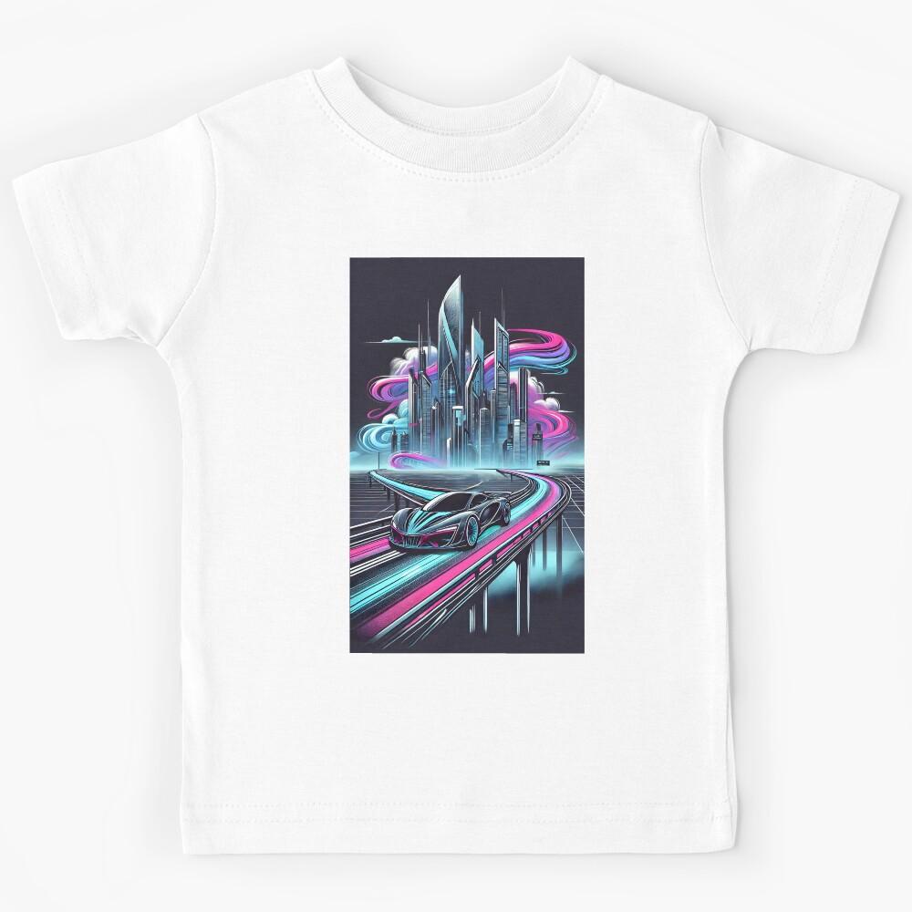 Futuristic Cityscape with Sleek Sports Car on Neon Highway. Kids T-Shirt 100