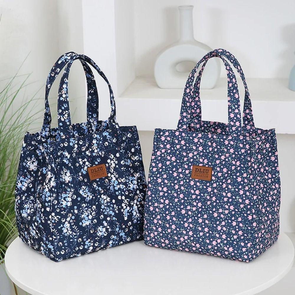 Portable Floral-printed Lunch Box Bag Large Capacity with Zipper Lunch Tote Bag Nylon Picnic Lunchbox Bag
