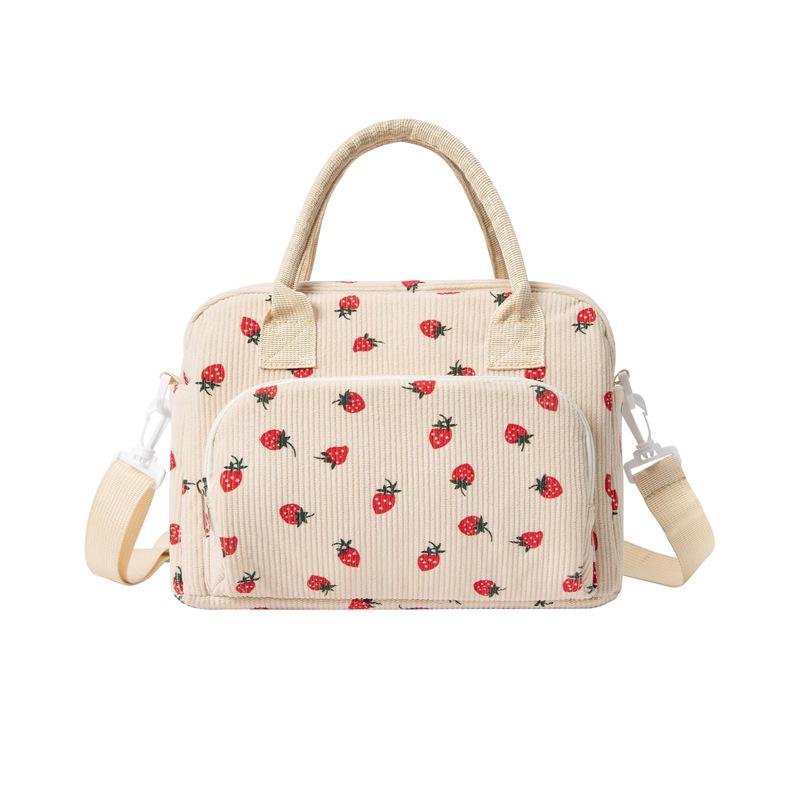 Corduroy Strawberry Print Insulated Lunch Bag for Office and Picnic