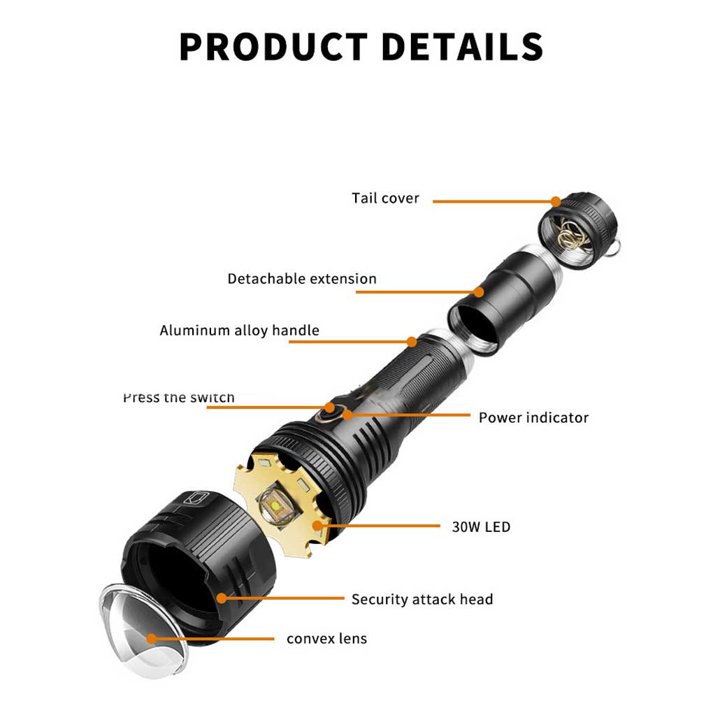 Torch Handheld XHP90 Lamp Camping Working Tactical Portable Flashlight Rechargeable Powerful Outdoors White Multi-use