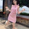 Pink off-the-shoulder sleeveless neck plaid dress for girls, summer 2026, new bow French hip-wrapped skirt