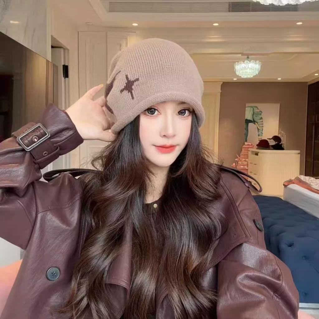 Curled Edge Drawstring Star Beanie for Women, Autumn and Winter Korean Style, Face Slimming, Warm Ear Protection Hat, Women's Cold Weather Cap, Head