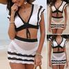 2Pcs/Set Women Swimsuit Set V-neck Hollow Crochet Front Tie Tops High Waist Cover Up Skirt Set Patchwork Color Swimwear