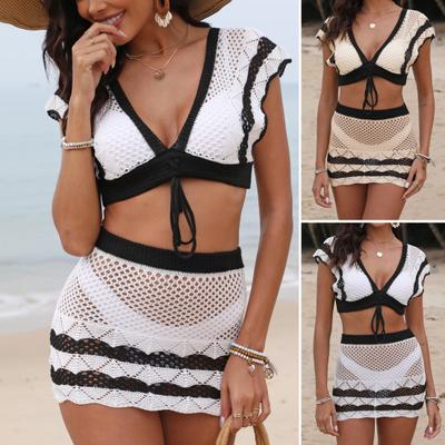 2-teiliges/Set Damen Badeanzug Set V-Ausschnitt Gehäkeltes Lochmuster zum Binden vorne Tops High Waist Cover-up Rock Set Patchwork Farbe Bademode