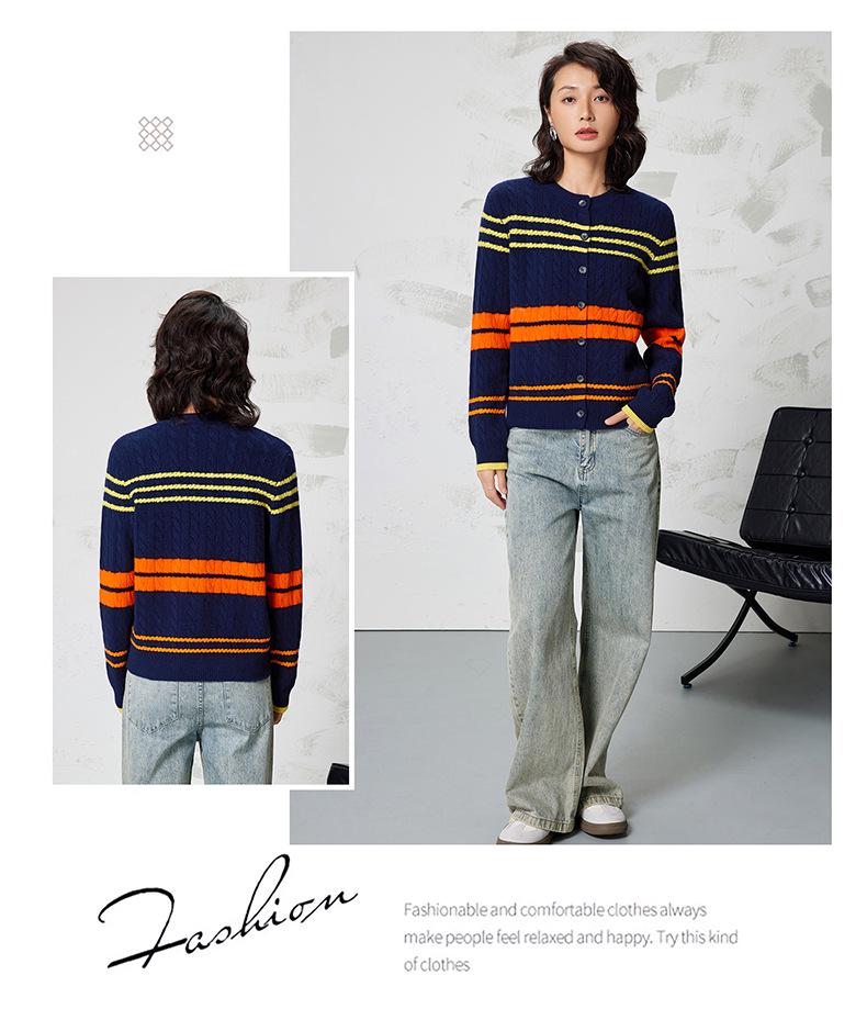 2025 Autumn/Winter Women's Round Neck Color Block Cable Knit Cardigan Sweater