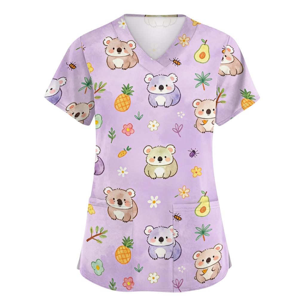 Damen V-Ausschnitt Kurzarm Arbeits-Top mit Taschen Tierprint Kasack für medizinisches Fachpersonal Bequeme Passform