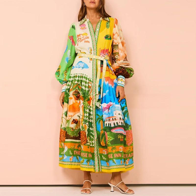 Women's Clothing, Printed, Lantern Sleeves, Waistband, Shirt Skirt, Waist Cinching, Dress