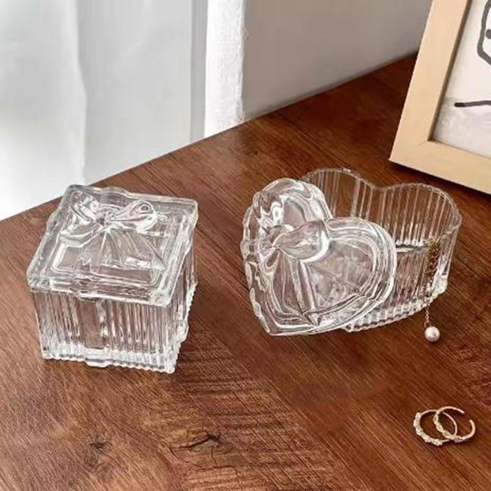 3Pcs Transparent Crystal Glass Jewelry Storage Box Exquisite Decorative Ring Earrings Gift Boxes Heart-Shaped with Lid