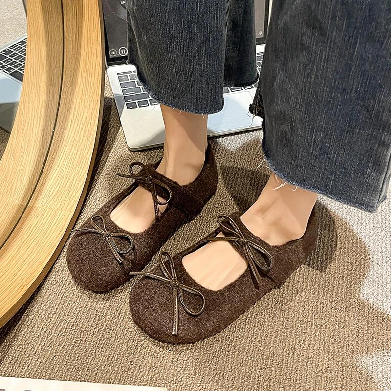 Modne Jednolite Płaskie Buty z Kokardą Zimowe Okrągły Nosek Wsuwane Damskie Buty na Wyprzedaży 2025 Nowe Płaskie z Płytką Cholewką Sapatos Baixos