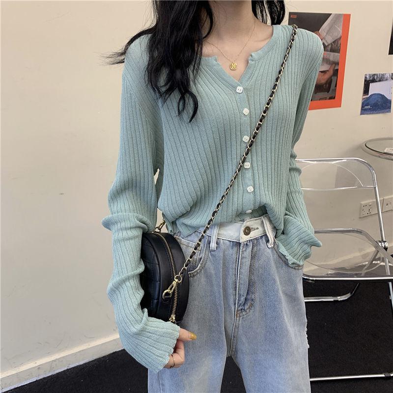 Women's Thin Knit Top Cardigan for Outer Wear Spring Long Sleeve Retro Loose V-neck Outer Coat Ins Style