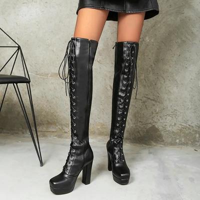 Autumn Winter High Boots Ladies Riding Boots Women Party Shoes Woman Low Square Heels Shoes Lace Up Knee High Boots