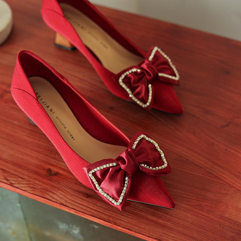 568-15 Bow High Heels Pointed Thick Heel Single Shoes Wedding Shoes Bridesmaid Shoes Xiuhe Shoes Sheepskin Stepping Heel Breathable