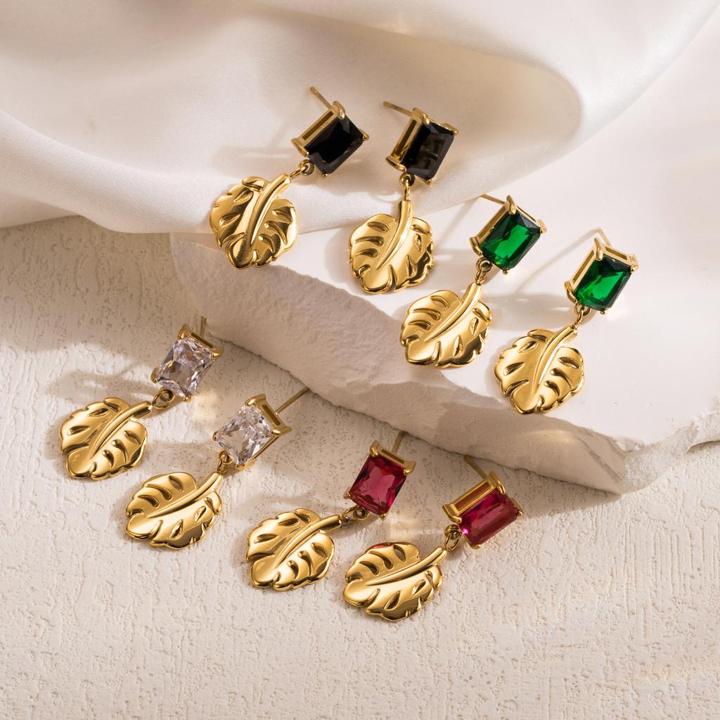 Gorgeous Vintage Stainless Steel Leaf Earrings with Zirconium Stones