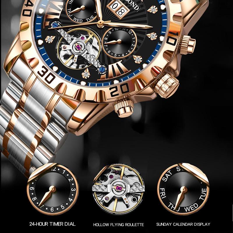 BINBOND Fashion Tourbillon Automatic Watch Men Luxury Skeleton Mechanical Wristwatch Stainless Steel Wristwatches