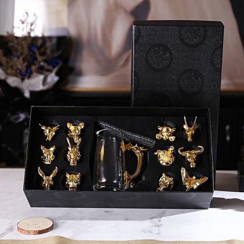 Twelve Zodiac Liquor Wine Glass Set Household Small Wine Glasses Hip Flasks Chinese Imitation European Drinkware Exquisite Gift
