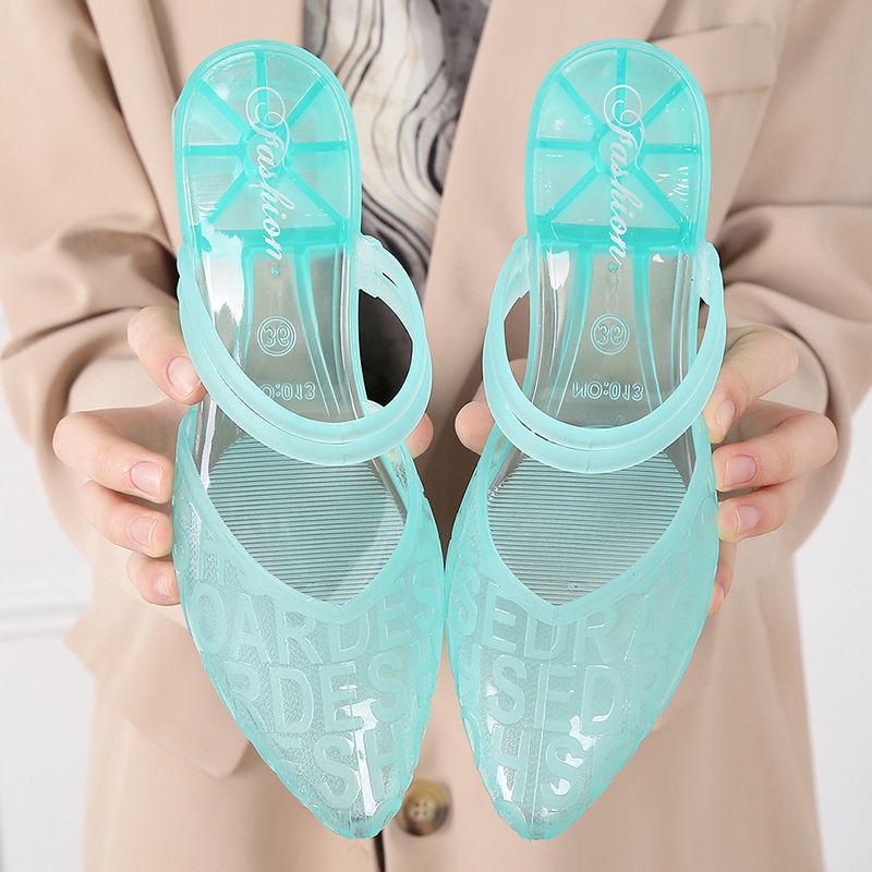 Fashion FHC New Women Beach Shoes,Crystal Sandals,Jelly Summer Low Heels,Pointed Toe,Two Wearings,Blue,Purple,Pink,Green,Dropship
