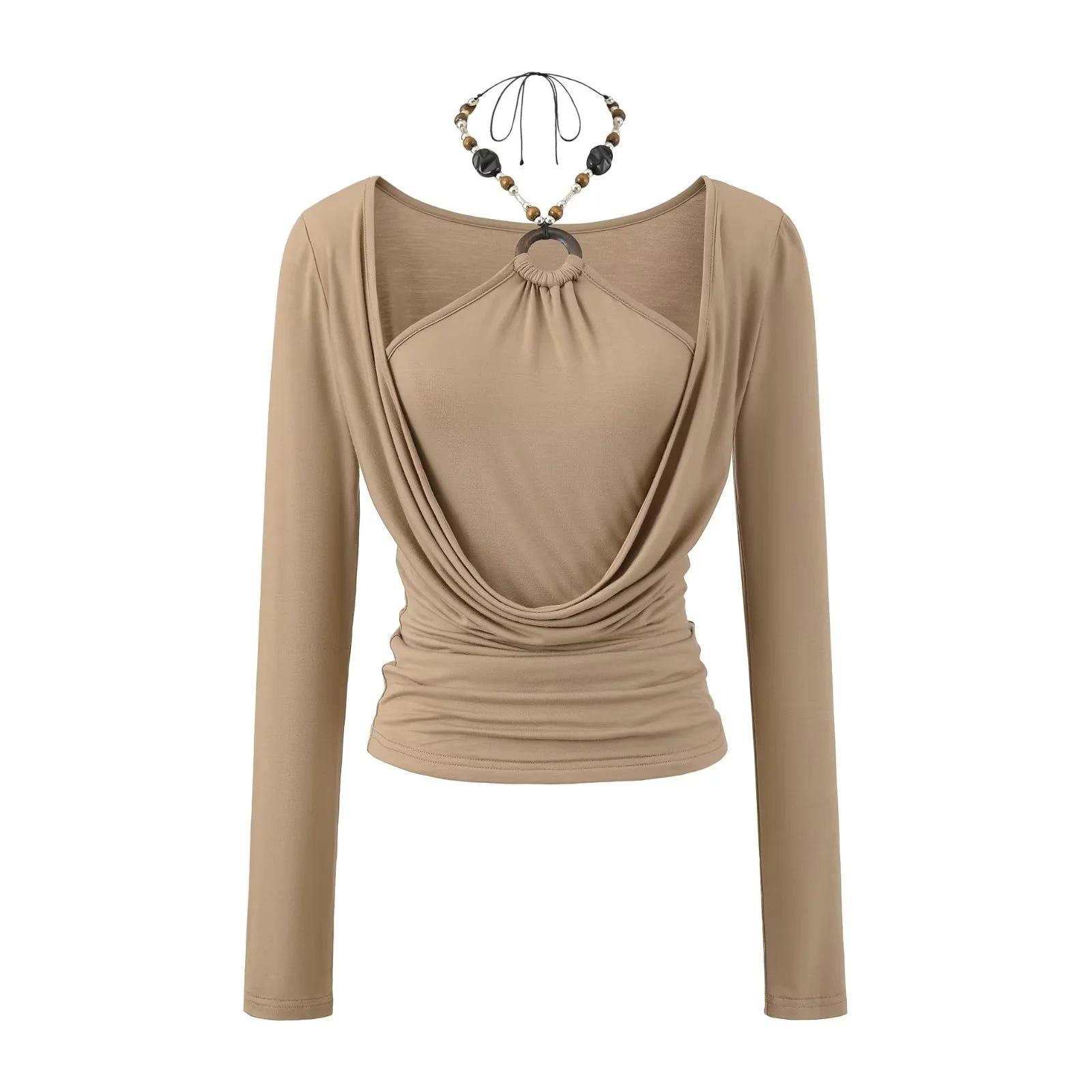 Chic Two-Piece Illusion Halter Neck Beaded Long Sleeve Ruched Top for Fall Small