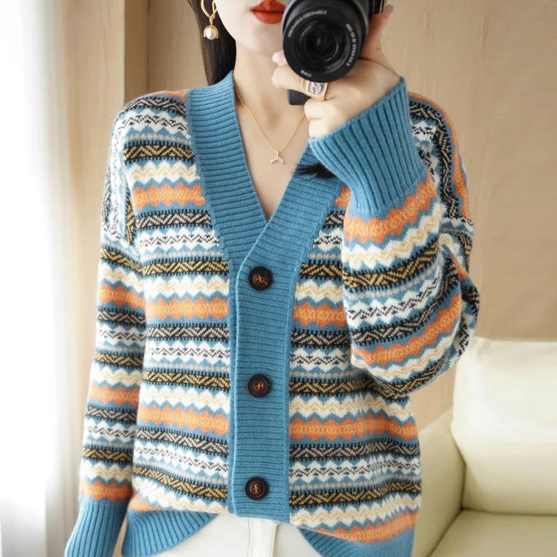 Women's Retro Striped V-Neck Cardigan - Thick Knitted Jacquard Sweater for Spring