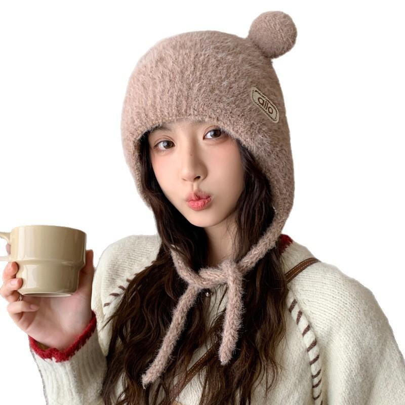 Cute Bear Ear Knitted Plush Hat Autumn and Winter Warm Ear Protection Bag Head Hat Big Head Circumference Casual Windproof Hat Women