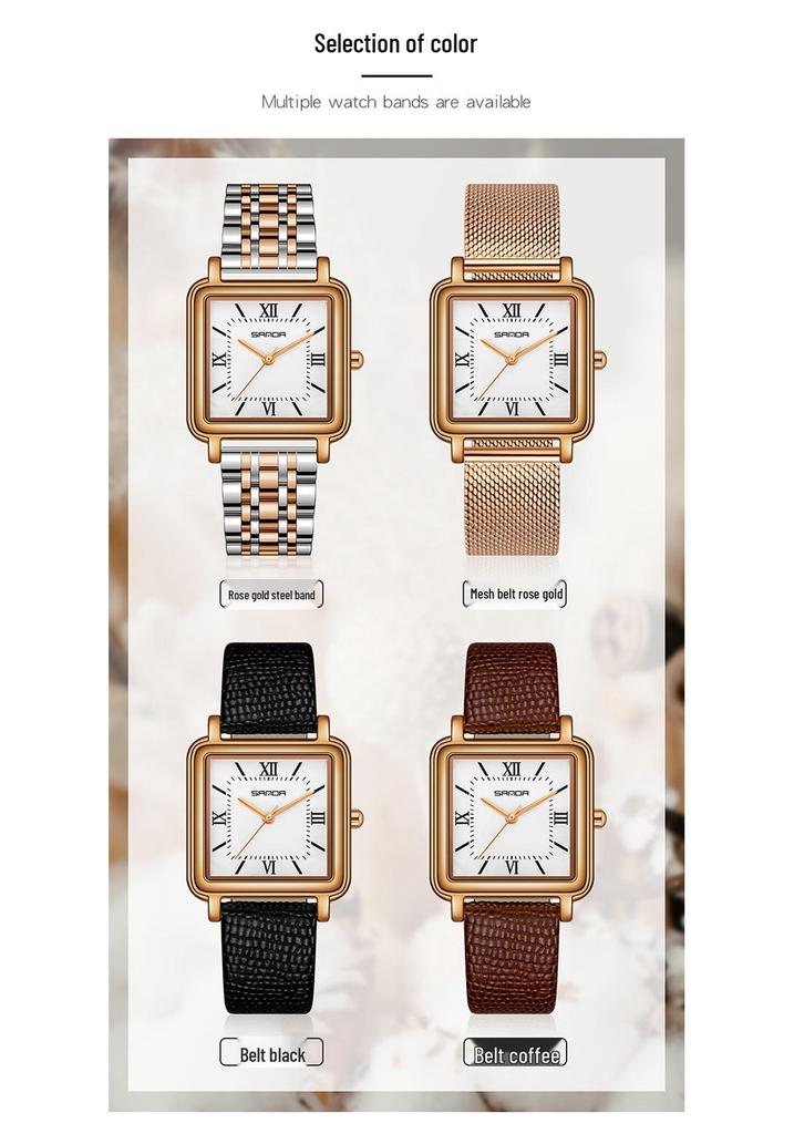 Sanda Women's Vintage Style Square Quartz Watch with Roman Numerals - Simple, Versatile, Waterproof Design