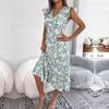 Summer Women Floral V Neck Sleeveless Holiday Dress High Waist Wood Ear Edge Design