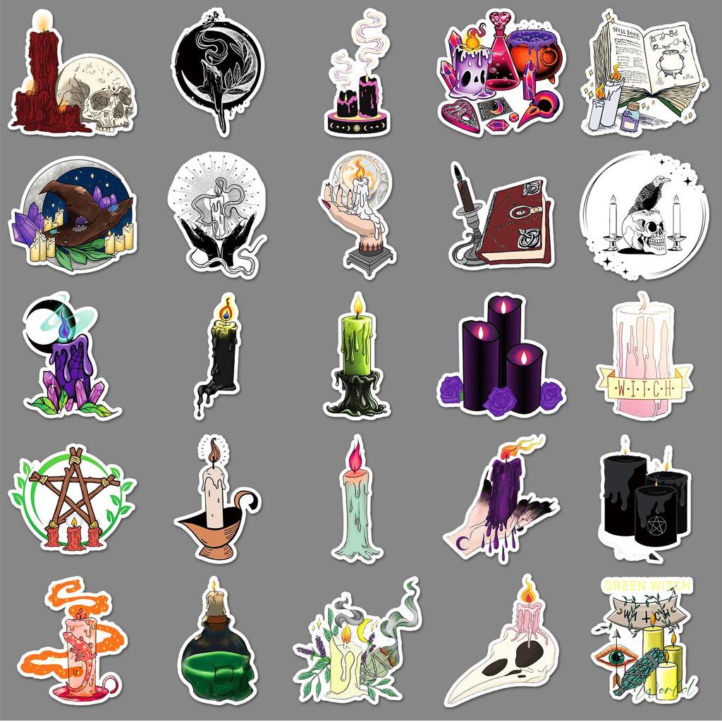 50 Witch Candle Doodle Stickers: Dark Magic Designs for Water Bottles, Phones, Skateboards, and Guitars
