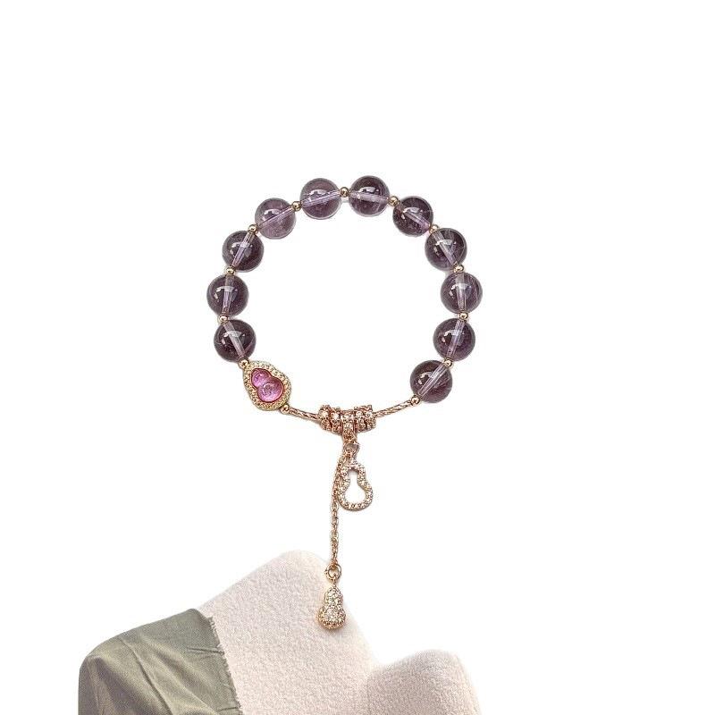 Violet Natural Bolivian Amethyst Single-Strand Bracelet with Exquisite Gourd Pendant, Versatile Women's Jewelry