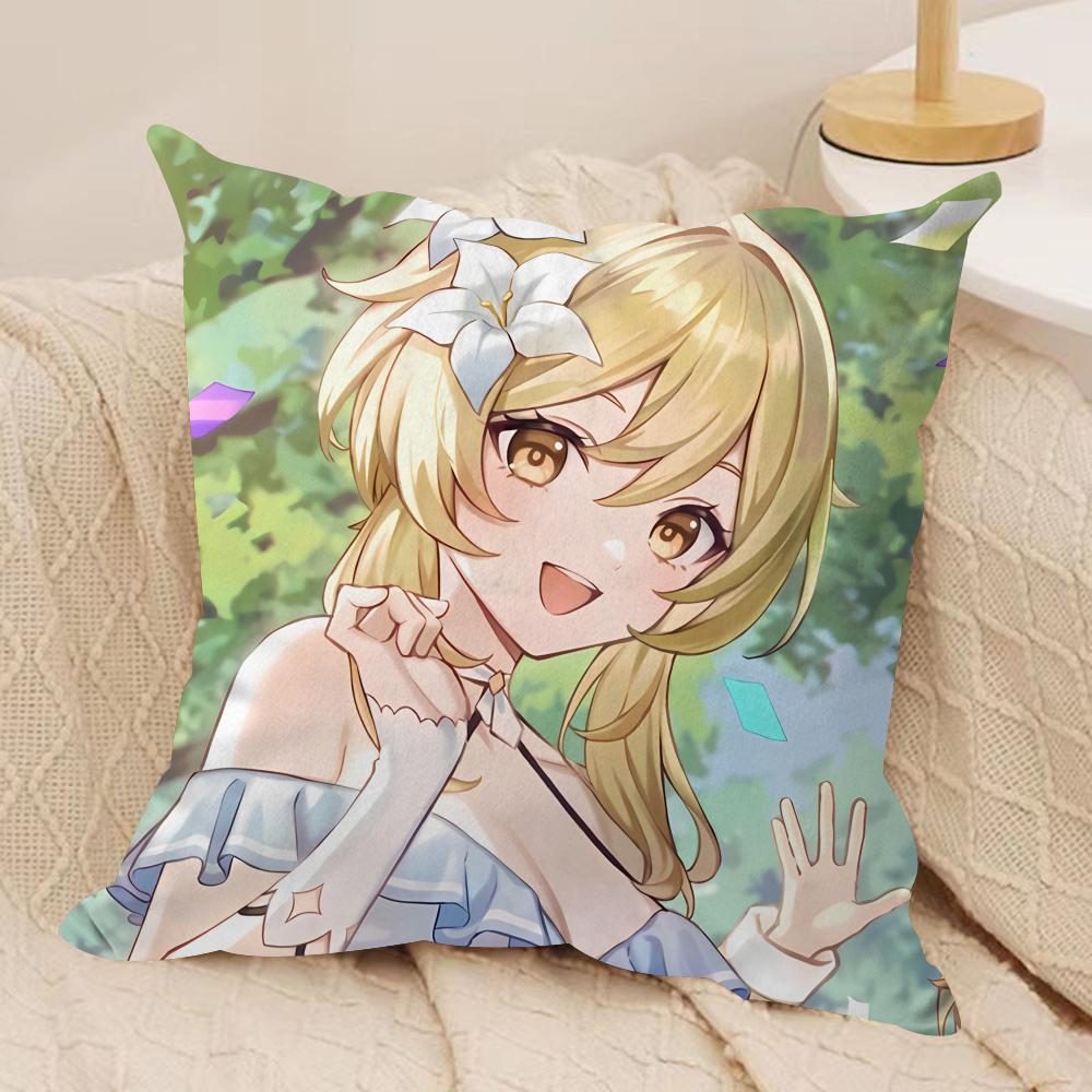 Lumine Cute Genshin Impact Cushion Cover Silky Short Plush Invisible Zipper Dustproof Sofa Pillow Case For Home Decor