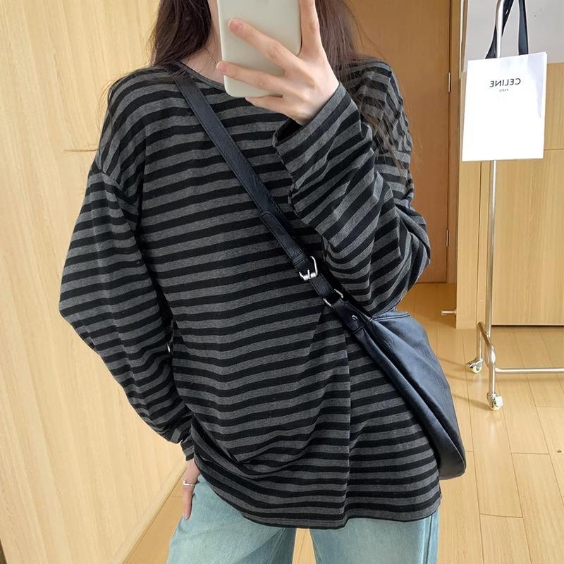 Casual Lazy Wind Medium and Long Striped Contrasting Color Round Neck Long-sleeved Shirt Women's Early Spring Simple Commuter Bottoming Shirt