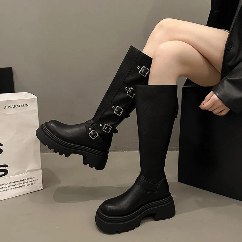 Women's Autumn and Winter 2024 Trendy New Belt Buckle Design Versatile Slim Knee-high Boots Thick Sole Motorcycle Mujer Zapatos