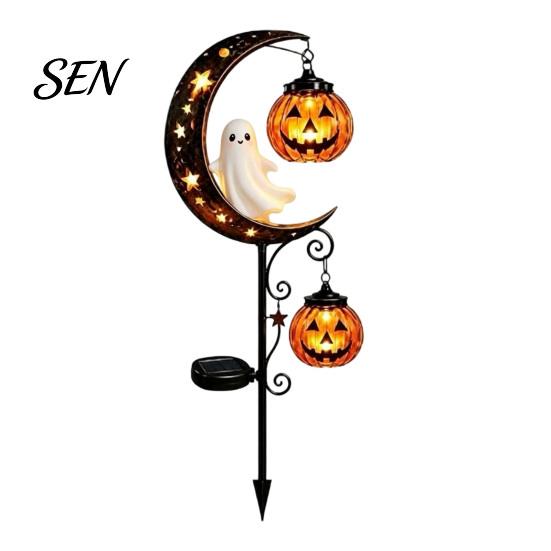 Gruselige Außen-Terrassen-Akzente Solar-Halloween Metall-Gartenstecker-Licht, Automatisches Ein-/Ausschalten Halbmond Schwarze Katze mit Hängenden Solarbetriebenen Laternen Kürbis