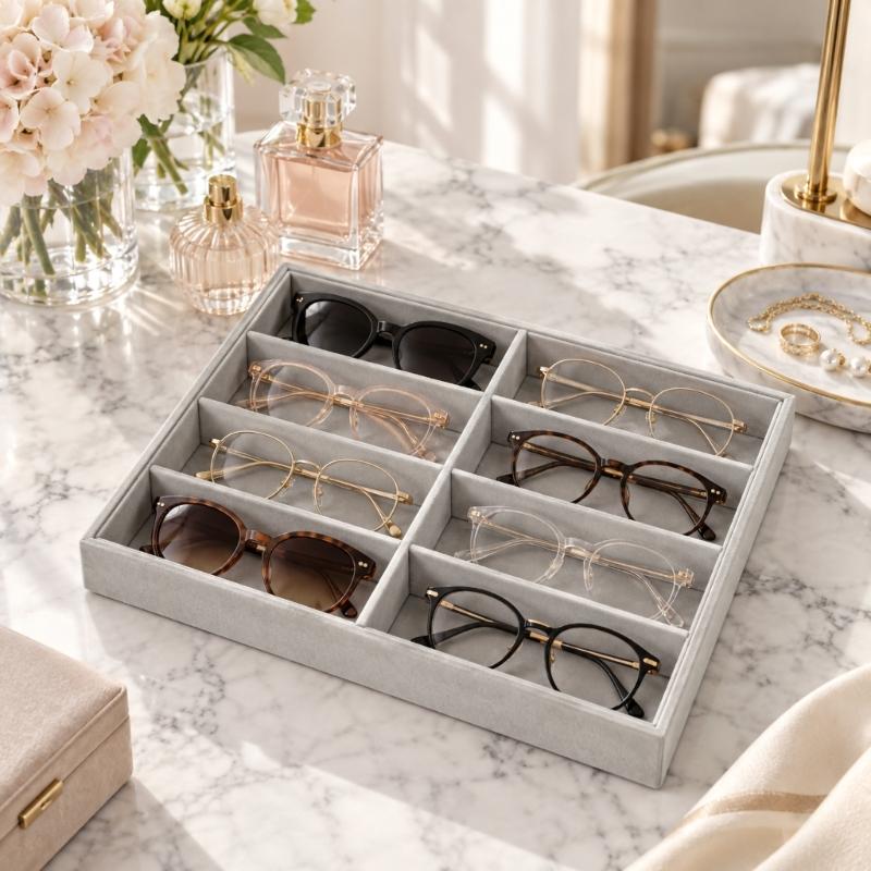 Open Glasses Storage Tray with 8 Separate Compartments, Single-Level Fabric-Covered Layout for Visible Eyewear Storage