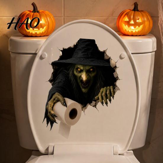 Graphic Wall Stickers for Refrigerator Spooky Crack Ghost Toilet Tank Lid Sticker, Halloween Horror 3D Broken Zombie Funny Bathroom Supplies