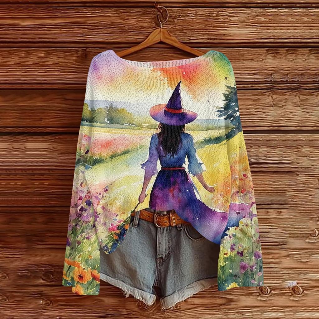Women's Casual Long Sleeve Halloween Print Round Neck Knit Pullover Sweater Top