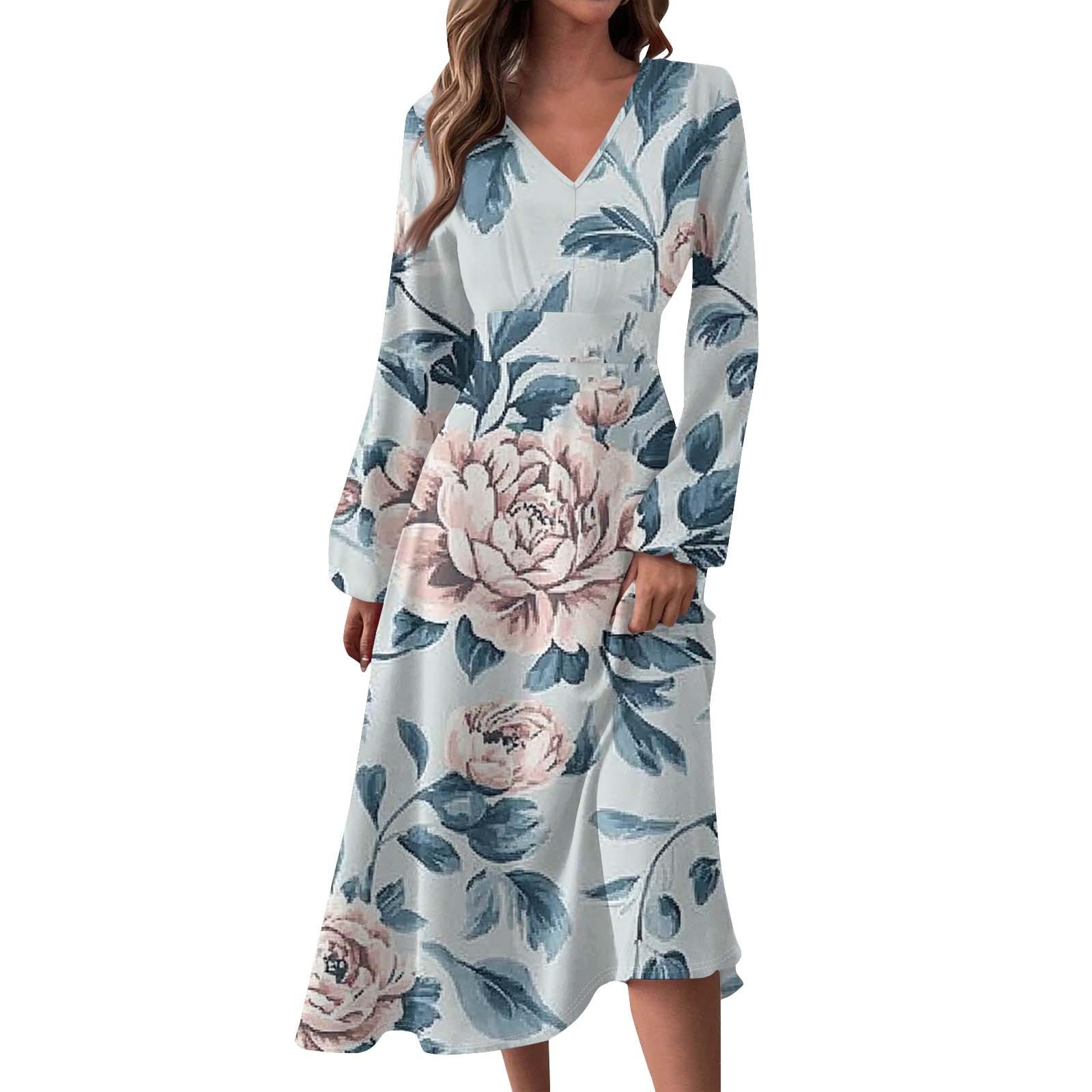 

Женское осенне-зимнее повседневное модное длинное платье с V-образным вырезом и длинными рукавами в полоску, подходящее для повседневной жизни и вечеринок L синий