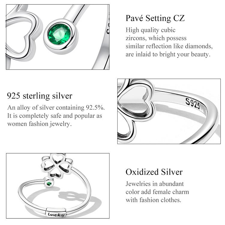 WOSTU 925 Sterling Silver Exquisite Zircon Hollow Four-leaf Clover Open Ring for Women Fine Jewelry Gift