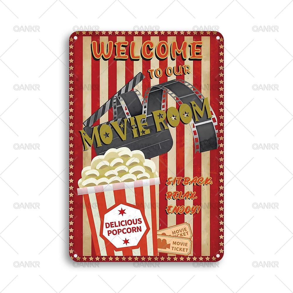 

Vintage Popcorn Poster Metal Tin Sign Welcome To Movie Room Popcorn Tin Sign Metal Signs for Popcorn Shop Cinema Decor Plaque 20x30cm