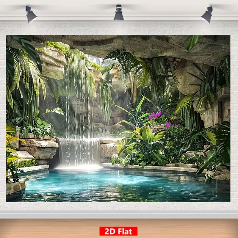 2D Tropical Stone Cave with Waterfall and Turquoise Water Studio Background