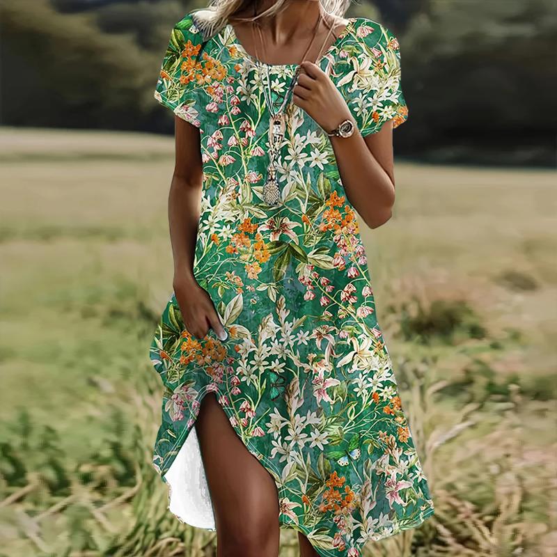 

Модное женское свободное платье-трапеция с цветочным принтом и коротким рукавом с принтом листьев 2XL зелёный