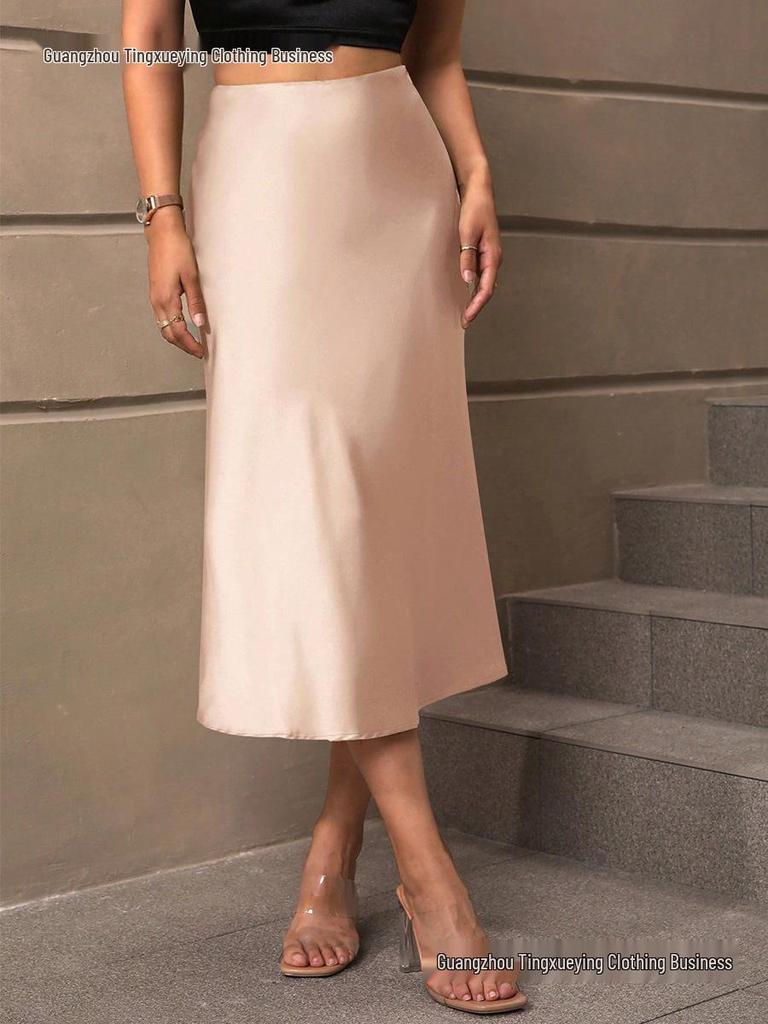 European & American Satin A-line Midi Skirt – Elegant Style, Polyester Fabric