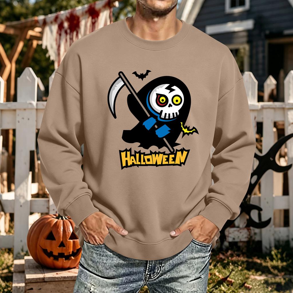 Men's Halloween Printed Long Sleeve T-Shirt Unisex Crewneck Casual Sports Top