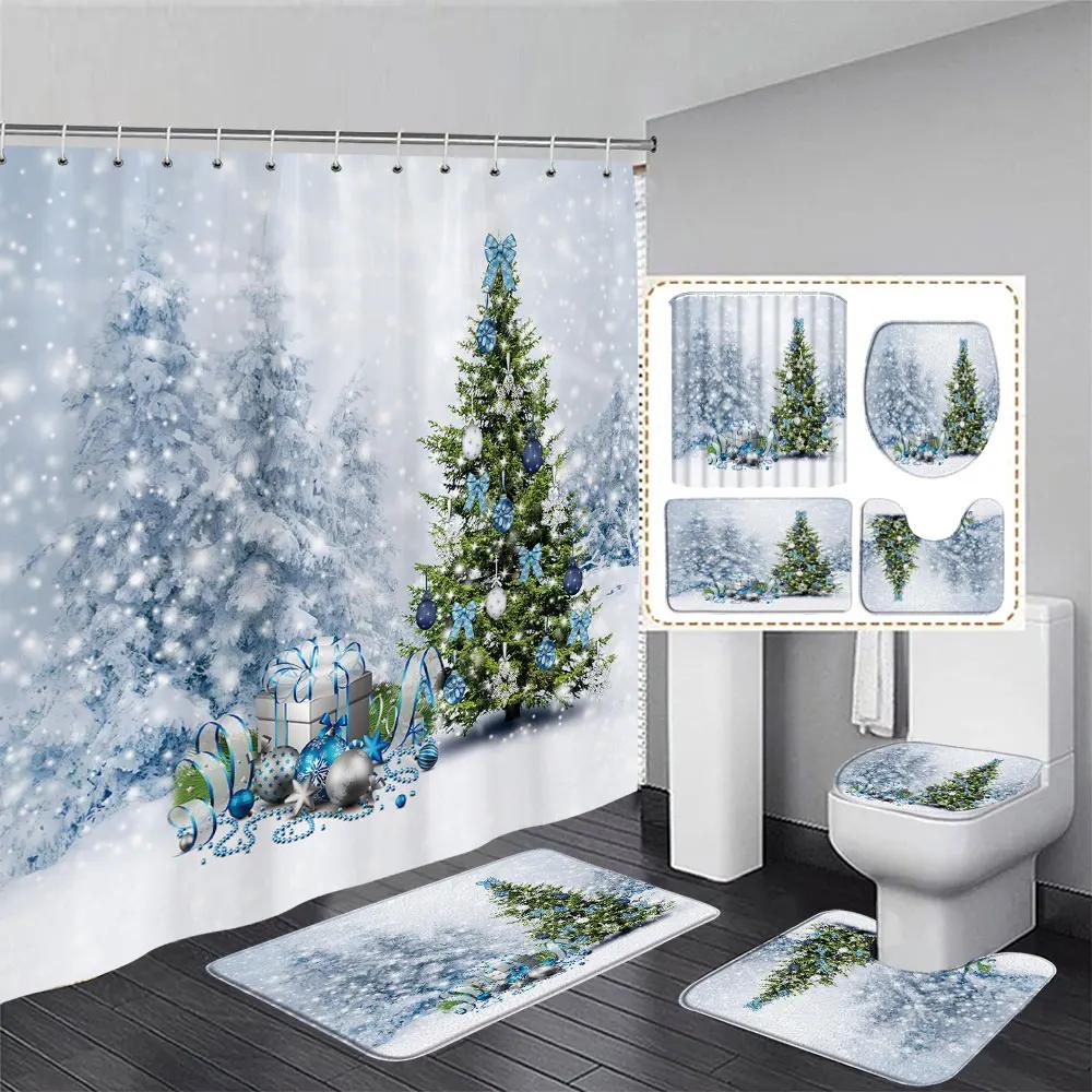 Niedlicher Schneemann-Weihnachts-Duschvorhang-Set, silberne Tannenzweige, Schneeflocken-Weihnachtskugeln, Badezimmer-Dekor, Teppich, Badematte, Toilettendeckelbezug