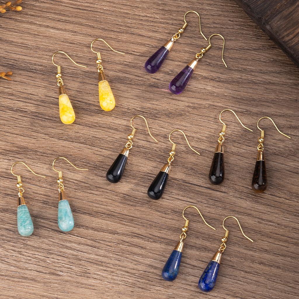 1pair Natural Stone Earring Amethyst Tiger Eye Charms Long Water Drop Dangle Earrings Jewelry for Women